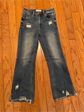 RISEN High Rise Distressed Ankle Flare Jeans with Side Slit - Size 5/27